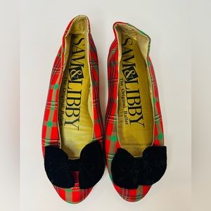 Sam & Libby Vintage Red Plaid Flats with Black Velvet Bow